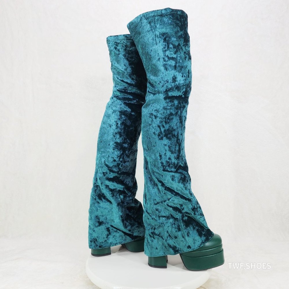 Good Will Unique Thigh High Emerald Velvet Fold over Chunky Heel Platform Boots - Picture 6 of 15
